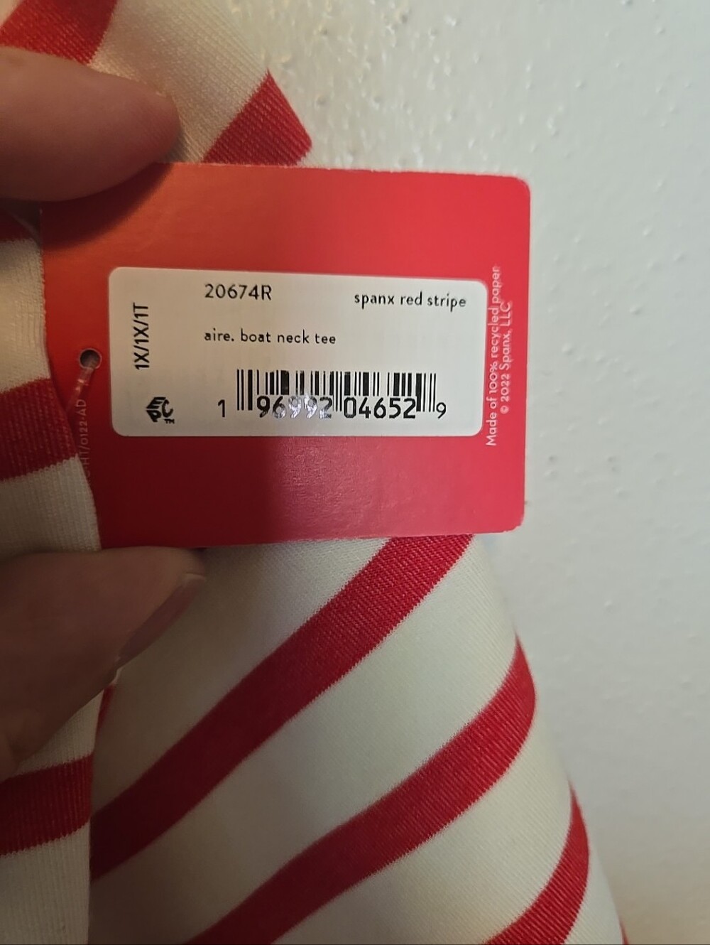 SPANX Long-Sleeve Cotton Boatneck Top Red Ivory Stripe 1X NWT - Picture 7 of 7